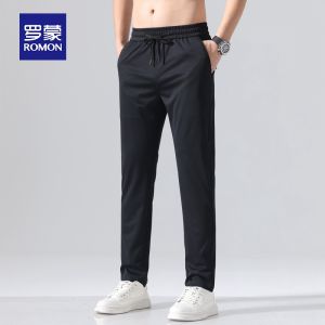ROMON | Romon Mens Casual Pants Summer Thin Loose Straight Tube Trendy Sports Ice Silk Elastic Drawstring Long Trousers