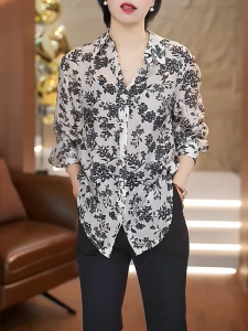 QINGNAER | Oversized Vintage Artistic Ink Flower Shirt 2025 Spring