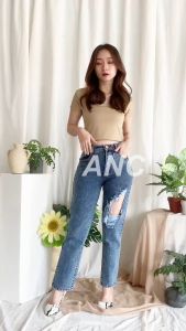 Boyfriend Jeans Wanita Celana Jeans - Celana BF Ripped Sobek - Celana Jeans Sobek Tembus Kulit