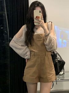 กางเกงขาสั้นผ้ายีนส์สีน้ำตาลสำหรับผู้หญิงไซส์ใหญ่ ทรงเข้ารูป ทรงสลิม เอวสูง ทรงเข้ารูป ฤดูร้อน 2023 กางเกงขายาวลำลอง