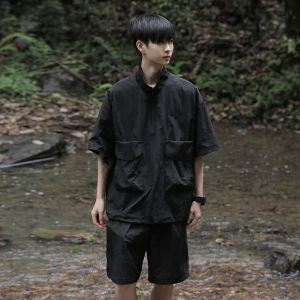 Summer Lightweight Quick-Drying T-shirt Shorts Two-piece Set Men Casual Minimalist Loose Cargo Half Zipper Shirt Suit