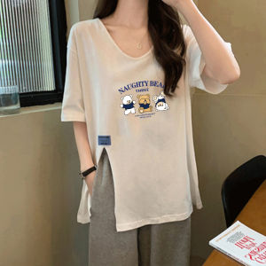 Loose Cotton Short Sleeve T-Shirt Women Summer New Style plus Size Mid-Length Asymmetrical Slit Design Sense Casual Top