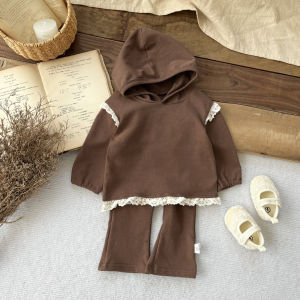 2024 Autumn New Childrens Suit Coffee Colored Hooded Lace Patchwork Hoodie+Long Pants 2-piece Set Minimalist Girls Clothes