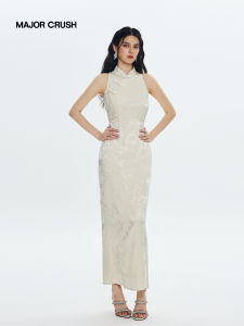 Chinese Style Modern Cheongsam Floral Jacquard Side-Slit Fitted Dress