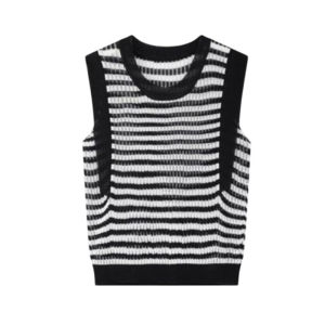 YUEZHONGWEI | Color Block Striped Round Neck Hollow Out Ice Silk Knitted Vest Women Summer Outerwear Thin Loose Slimming Sleeveless Shoulder Top