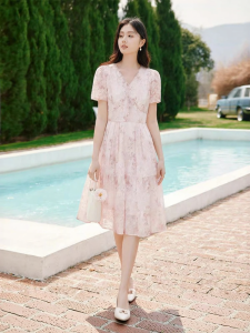 XIANGYING | V-Neck Waist-Cinching Summer New Floral Printed Organza Dress