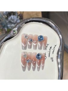 เล็บสวมใส่ K9 คุณภาพสูงสีน้ำเงินทะเล ใหม่ล่าสุด แสงกระพริบ ตาแมวยิ้ม สีน้ำเงินพม่า เล็บตกแต่ง สำหรับฤดูใบไม้ผลิและฤดูร้อน