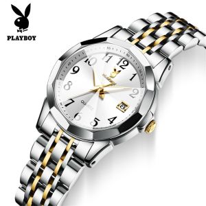 PLAYBOY watch for women elegant small dial luminous calendar waterproof stain steel strap women watches