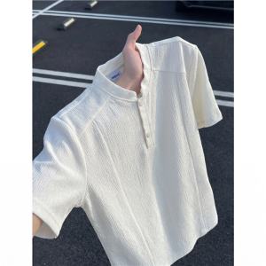 Tree Bark Texture Henry Collar Heavy Ice Silk Tshirt Summer Icy Patchwork Short Sleeve