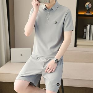 ROMON | Lomond Mens Casual Sports Set Summer Thin Ice Silk Short Sleeve Polo Shirt Matching Shorts Trendy Two-Piece Suit Polyester Fiber