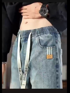 Mens jeans with drawstring waist straight tube loose and thin fit wide legs daily wear casual pants