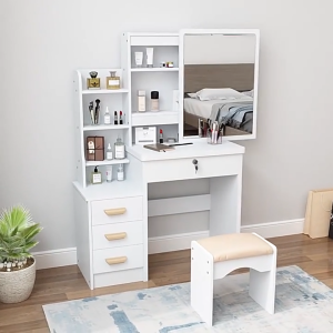 LED Mirror Vanity Table with Stool Large Makeup Dressing Table with Drawers & Cabinet Space Saving Bedroom Furniture Easy Assembly