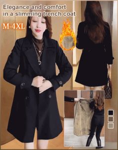 Mid-length Fleece Trench Coat Autumn Winter Solid Color Warm Jacket Turn-down Collar Elegant Plus Size 4XL