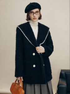 FAMANXUAN | French Style Color Contrast Embroidery Navy Collar Wool Circle Coat