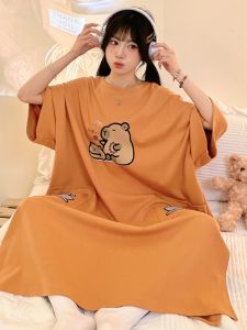 ชุดนอนผู้หญิงแขนสั้นผ้าฝ้ายแท้ลายการ์ตูนน่ารักไซส์ใหญ่พิเศษ ชุดนอนฤดูร้อนสำหรับผู้หญิงไซส์ใหญ่ ชุดนอนสำหรับตั้งครรภ์