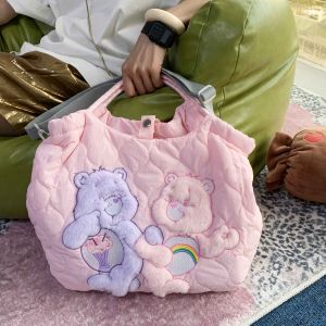 กระเป๋าถือผ้าไนลอนลายหมีริบบิ้นสีรุ้ง ความจุขนาดใหญ่ กระเป๋าสะพายข้างลายการ์ตูนน่ารัก กระเป๋าใส่โน้ตบุ๊ก กระเป๋าถือผ้าลายดอกไม้