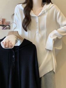 plus Size Spring Summer New Knitted Hoodie T-Shirt Design Button Loose Slimming Long Sleeve Top for Pear Apple Sandal Rectangular Body Types