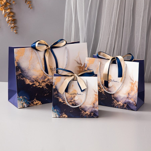 3pcs Gift Wrapping Bags Golden Blue Marble Pattern Paper Bags With Handles For Gifts