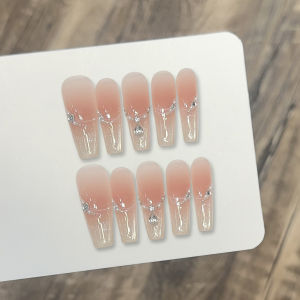 10PCS Blush False Nails with Cat Eye Tip and Rhinestone Decor Artificial Nails for Women Daily Wear Party Wedding