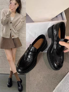 Handmade Hong Kong Horsehide Leather Chunky Heel Loafers Womens Spring 2025 Retro Thick Bottom Lazy Small Leather Shoes