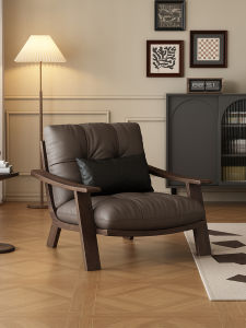 French Mid-century Wooden Single Sofa Chair Living Room Balcony Leather Casual Chair Designer Armchair Reading Chair