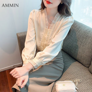 AMMIN Korean style long-sleeved fungus edge V-neck chiffon top New fashion and elegant slim fit all-match lace lace stitching chiffon Tops