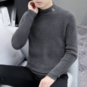 ROMON | Lormen Mens Thickened Wool Sweater Half High Collar Winter Fashion Urban Style Long Sleeve Loose Fit Knitted Base Layer Top