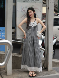 French Style Lace Edging Check Pattern Loose Summer Dress