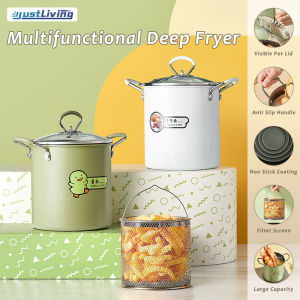 JustLiving 1Pc 3L Deep Fryer Pan Non-Stick Frying Pot Mini Multifunctional French Fries Gas Type With Oil Strainer Home Noodle Pot Presents Tempura Fryer Pan Chicken Fried Chicken Cooking