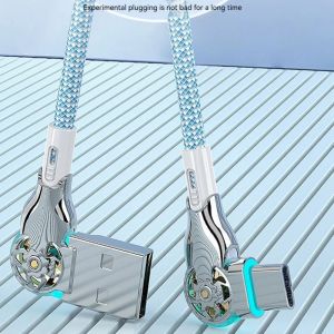 180 Rotatable  Fast Charging Cable USB A to Type C Zinc Alloy Braided Data Cord with LED Light OTG Support Universal for iPhone