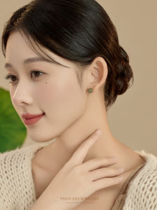 Yuzhu Yuan Fengzhu 925 Silver Turquoise Simple Versatile Ear Studs Chinese Style Jadeite Earrings Fashionable Jewelry Accessories