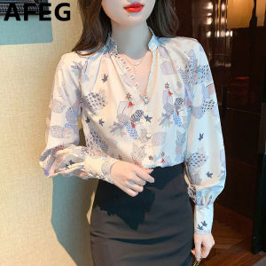 AFEG New Korean V-neck Fashion Loose Versatile Retro Print Chiffon Long Sleeve Blouse for women