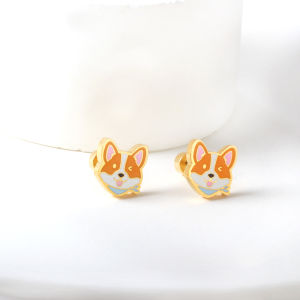 Cute Cartoon Corgi Earrings For Women Trending Gold Color Stainless Steel Piercing Screw Back Aretes De Mujer Ear Stud 2024