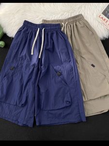 American high street retro large pocket workwear shorts mens summer thin casual loose straight leg wide leg cropped pants