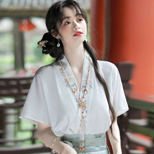 Horse-Face Skirt Tops Summer Short Sleeve Chinese Ancient Style Womens Aircraft Sleeve Cross Collar Han Dynasty Shirt New Chinese Style National Style Shirt for Women