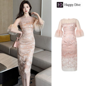 Happy Diva เดรสผู้หญิง เดรสสีครีม เดรสลูกไม้ เดรสแขนบาน เดรสทำงาน เดรสไฮโซ เดรสวินเทจ เดรสออกงาน เดรสปาร์ตี้ ชุดราตรี 21383