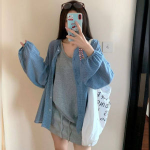 BINKAFENNY | Blue Plaid Long Sleeve Loose Womens Summer Anti-Uv Clothes Beautiful Age-Defying Top Large Size Plus Size Maternity Wear