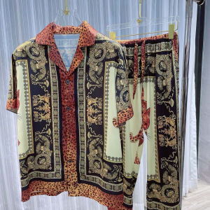 Summer 2025 Mens Casual Short Sleeve Pant Set Jaguar Print Fashionable Versatile Two-Piece Suit Young Mens Shirt Long Pants