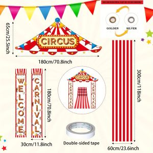 Red White Striped Welcome Carnival Circus Door Banner Double Sided Porch Sign for Carnival Party Kids Birthday Theme Event