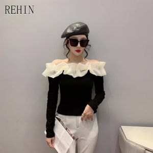 REHIN Womens top Slim fit strapless ruffle one shoulder long sleeve shirt splicing solid colour trend blouse