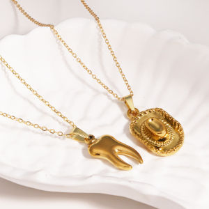 316L Stainless Steel Western Cowboy Hat Tooth Pendant Necklace Chain Jewelry Gold 18K Plated Charm Collar Accessories for Women