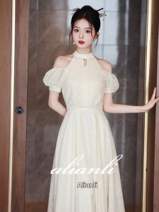 ALIANLI | Luxurious High-End New Chinese Style Petite Off-Shoulder Engagement Evening Dress