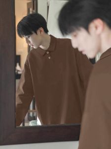 Retro American Coffee Long Sleeve Polo Shirt Mens Style Shirt Collar Sweatshirt Heavyweight Spring Autumn Inner Wear T-Shirt