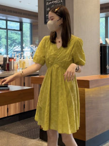 French Style Sweet First Love Dress Women Summer New Slimming V-Neck Bubble Sleeve Chiffon Dress High Waist A-Line Skirt