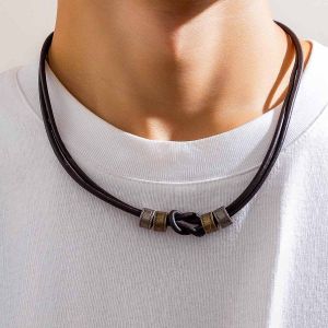 Lacteo Hip Hop Da PU Dây Vòng Cổ Cho Nam Hình Trụ Hạt Charm Phong Cách Punk Vòng Cổ Choker Trang Sức Có Thắt Nút