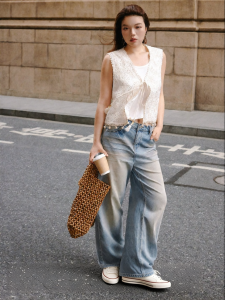 Breathable Faded Stonewashed Light Orange Dyeing Jeans