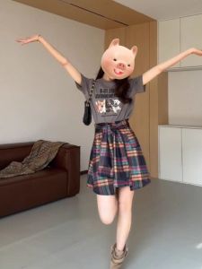 plus Size Womens Fashion Checkered Short Sleeve T-Shirt Skirt Set Summer Outfit Half-length Pants Skirt Two-piece Ensemble