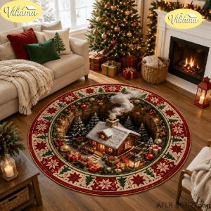 VIKAMA Christmas Round Rug Christmas Tree Snowman Stocking Gifts Area Rug Living Room Holiday Home Decor Aesthetic Art Large