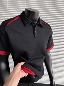 OUMULONG | Black and Red Contrast Collar Deconstructed T-shirt POLO Summer