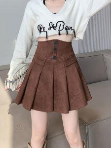 plus Size Womens Suede Pleated Mini Skirt High Waist Belly Covering A-Line Short Skirt Korean Style Commute Fashion